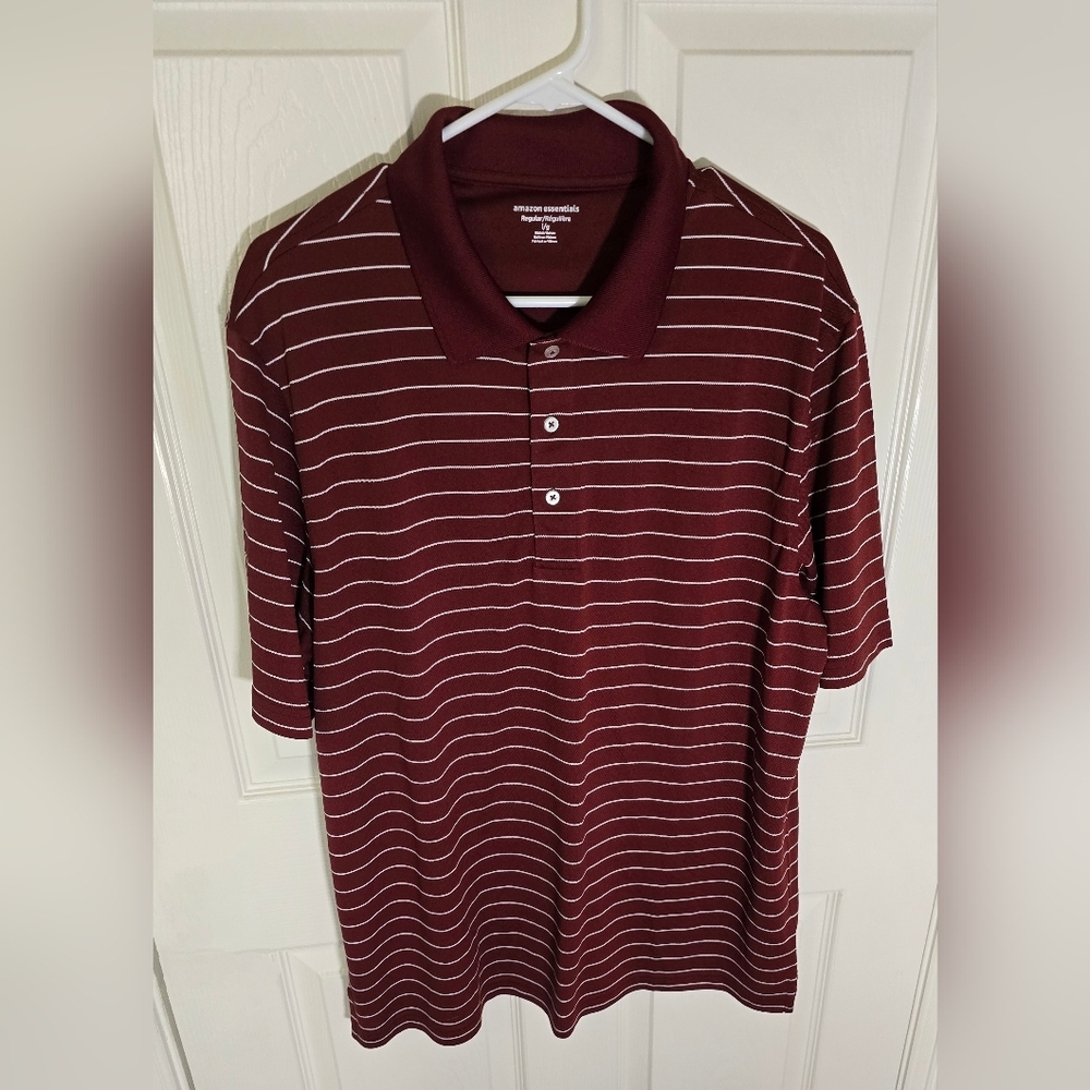Amazon Essentials Mens Red Striped Polo Collared Athleisure Top Large